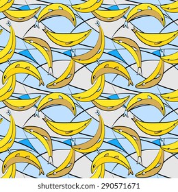 Vector seamless pattern with banana fishes, yellow on a blue 