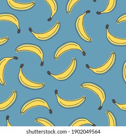 Vector seamless pattern with banana fruit on blue background. Cute pattern with hand drawn fruits