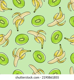 Vector seamless pattern, banana and kiwi in watercolor style with black contour
