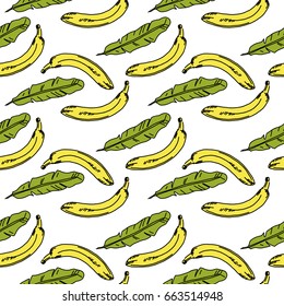 Vector seamless pattern with banana and leaves on a white background. Hand drawn illustration.