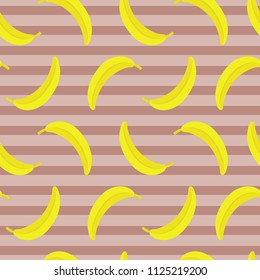 Vector seamless pattern with banana on striped backdrop. Colorful summer background. For restaurant or cafe menu cover, design banner, wrapping paper, wallpaper, print for clothes for boys and girls.
