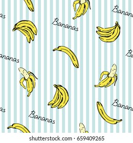 Vector seamless pattern with banana on a striped background. Hand drawn illustration.