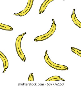 Vector seamless pattern with banana on a white background. Hand drawn illustration.