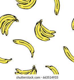 Vector seamless pattern with banana on a white background. Hand drawn illustration.