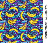 Vector seamless pattern with banana. Tropical pattern with fresh banana. Background with waves.