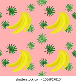 Vector seamless pattern with banana and tropical leaves on pink background. For restaurant or cafe menu, design banners, wrapping paper, wallpaper, print on clothes or cover. Trend colors.