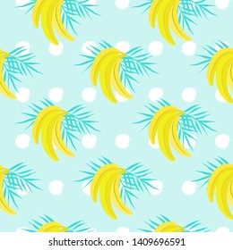 Vector seamless pattern with banana, tropical leaves and dots. Exotic food background. For restaurant or cafe menu cover, design banners, wrapping paper, print on clothes, wallpaper, web.