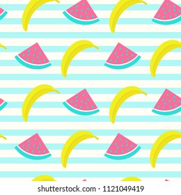 Vector seamless pattern with banana and watermelon slices on striped backdrop. Colorful summer background. For cafe menu, wrapping paper, wallpaper, print for clothes for boys and girls. Trend colors.