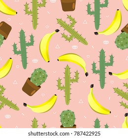 
Vector seamless pattern with bananas and cactus on a pink background.