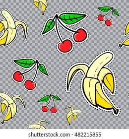 Vector seamless pattern with bananas and cherries. Hand drawn cute and fun fashion illustration sketch patches or stickers. Modern doodle pop art endless bananas cherry fruits design