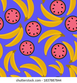 Plátanos sin fisuras vectoriales, sandía circular aislada en azul.
Diseño para textiles, tela, verano, impresión, afiche, papel pintado, pancarta, envoltura, raspado, papel de embalaje