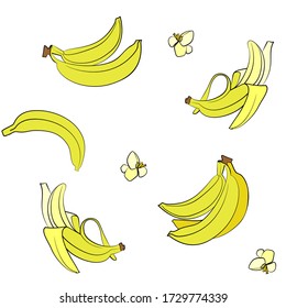 Vector seamless pattern of bananas and flowers on fabric, clothing, children's textiles. Yellow bananas on a green background.Tropical fruit print. Banana Paradise.