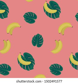 vector seamless pattern with bananas and leaves. tropical texture