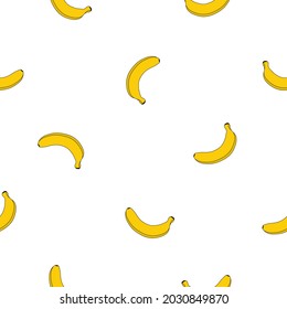 Vector seamless pattern with bananas on white background. Tropic style doodles for food design, vegan restaurant, cafe, wrapping paper, health care products, fruits market.
