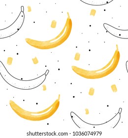 Vector seamless pattern with bananas. Watercolor and outline
