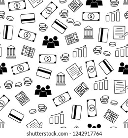 Vector  seamless pattern of banking services. Finance seamless pattern with symbols such as partners, dollar bills, coins, calculator, bank, credit card, contract signature, bar chart.