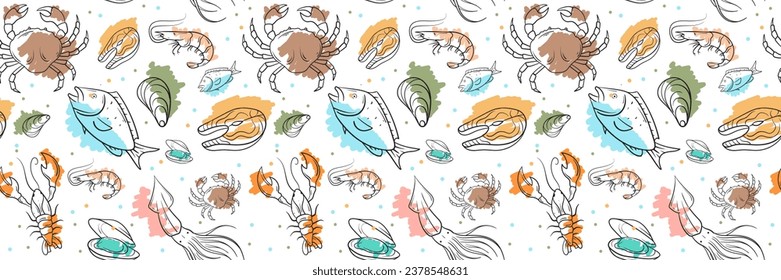 vector seamless pattern banner background with sea food hand drawn