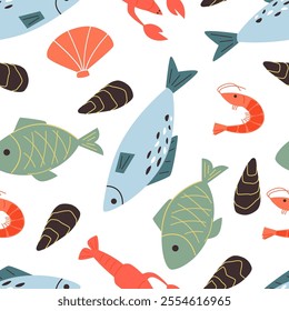 Vector seamless pattern banner background with sea food hand draw. Different fishes and seafood. Bream, salmon, sturgeon, shrimp, crab, lobster. Seafood menu vector illustration set