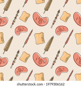 Vector seamless pattern of barbecue, barbecue, grill. Picnic in flat cartoon style. Collection of barbecue tools for cafe, bar and restaurant menu.