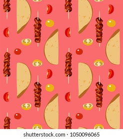 Vector seamless pattern barbecue on a pink background