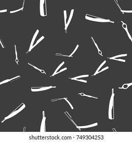 Vector seamless pattern for Barber Shop. Barber and hairdresser tools razor isolated on grey background. Print fabric, barbershop decoration paper pattern. Endless background
