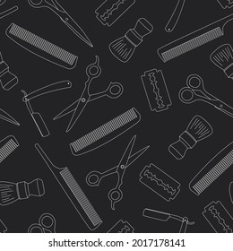 Vector seamless pattern for barbershop with different icons on the black background