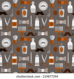 Vector seamless pattern barbershop in flat style. Hairdresser's tools, scissors, hair cream, comb, brush, mustache stylish background.