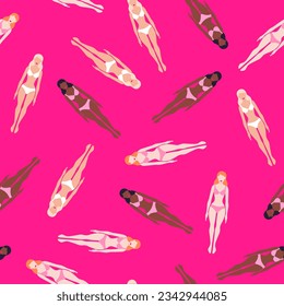 Vector seamless pattern with Barbie dolls in bright pink bikini