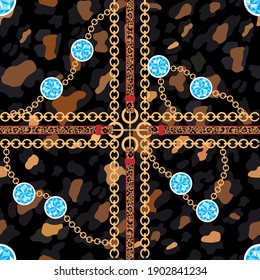Vector seamless pattern of baroque trend, golden chain with blue topaz stone, leather belts on leopard print in black background, Vintage patch for scarfs, print and fabric svg