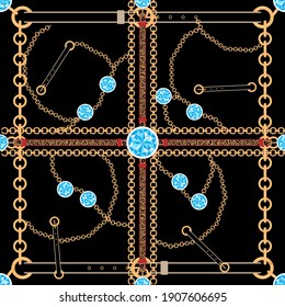 Vector seamless pattern of baroque trend, golden chain with blue topaz stone, leather leopard print on belts in black background, Endless jewellery in vintage patch for scarfs, print and fabric svg