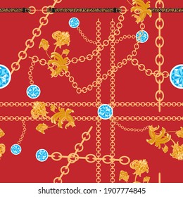 Vector seamless pattern of Baroque trend with golden chain,blue topaz stone,leather leopard print on belt in red background,Luxury seamless golden jewellery vintage patch for scarfs or fabric svg