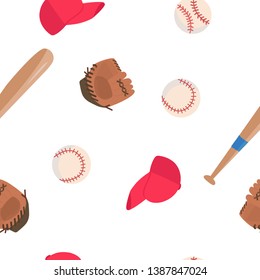 Vector seamless pattern with baseball attributes: ball, cap, glove and bat, simple illustration in flat style at white background. 