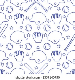 Vector seamless pattern with baseball bats, ball, helmet, baseball glove. Sports background. Design for banner, poster or print.