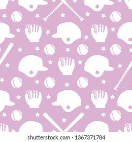 Vector seamless pattern with baseball bats, ball, helmet, baseball glove. Sports background. Design for banner, poster or print.