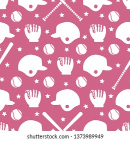 Vector seamless pattern with baseball bats, ball, helmet, baseball glove. Sports background. Design for banner, poster or print.