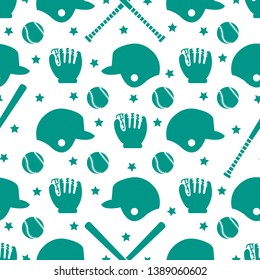 Vector seamless pattern with baseball bats, ball, helmet, baseball glove. Sports background. Design for banner, poster or print.