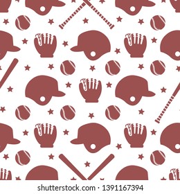 Vector seamless pattern with baseball bats, ball, helmet, baseball glove. Sports background. Design for banner, poster or print.