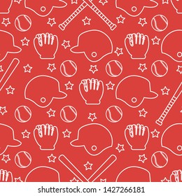 Vector seamless pattern with baseball bats, ball, helmet, baseball glove. Sports background. Design for banner, poster or print.