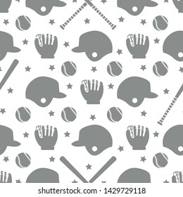 Vector seamless pattern with baseball bats, ball, helmet, baseball glove. Sports background. Design for banner, poster or print.