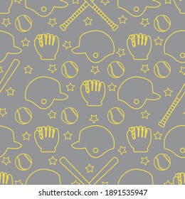 Vector seamless pattern with baseball bats, ball, helmet, baseball glove. Sports background. Design for banner, poster or print. Illuminating and Ultimate Gray.