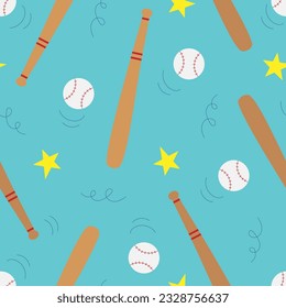 Vector seamless pattern with baseball bats and balls in cartoon style