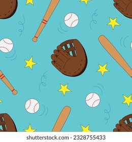 Vector seamless pattern with baseball gloves, bats and balls in cartoon style