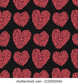 Patrón vectorial sin fisuras con los corazones de béisbol sobre un fondo negro. Fondo decorativo para textiles, papel de envolvimiento. 