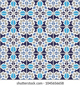 Vector seamless pattern, based on traditional wall and floor tiles Mediterranean style. Mosaic patchwork design. Mexican, Italian, Spanish, Moroccan, Portuguese, Turkish, Lisbon, Arabic, Indian motifs