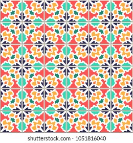 Vector seamless pattern, based on traditional wall and floor tiles Mediterranean style.
Mosaic patchwork design. Mexican, Italian, Spanish, Moroccan, Portuguese, Turkish, Lisbon, Arabic, Indian motifs