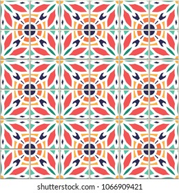 Vector seamless pattern, based on traditional wall and floor tiles Mediterranean style.
Mosaic patchwork design. Mexican, Italian, Spanish, Moroccan, Portuguese, Turkish, Lisbon, Arabic, Indian motifs