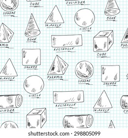 Vector Seamless pattern of Basic Geometric Shapes with Captions. Hand Drawn Doodles illustration