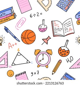Vector seamless pattern with basketball ball, pins, triangles, alarm clock, notebook, books, pen and sums