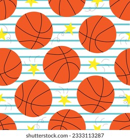 Vector seamless pattern with basketball, stars and lines in cartoon style