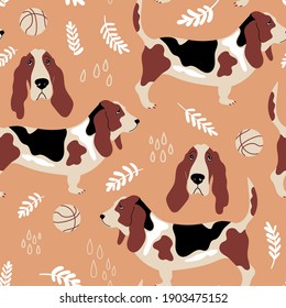 Vector seamless pattern with Basset Hound, plants, balls, and drops on brown background. Cute dogs illustration for fabric, textile, background, wallpaper